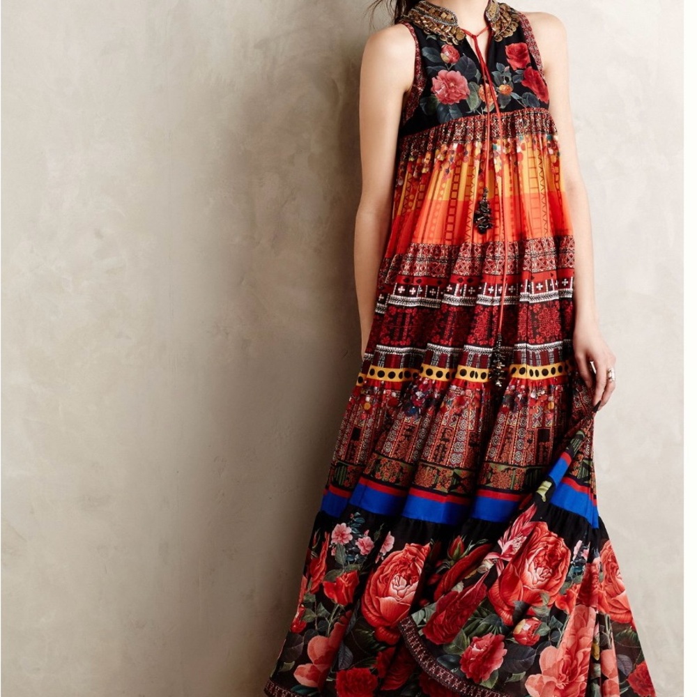 Anthropologie Orange and Blue Tiered Maxi Sundress with Beaded Collar